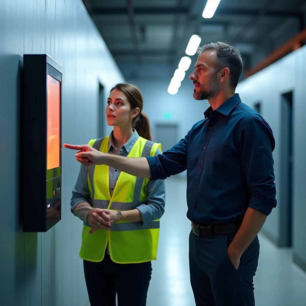 Konzultant školí zamestnancov pri biometrickom termináli