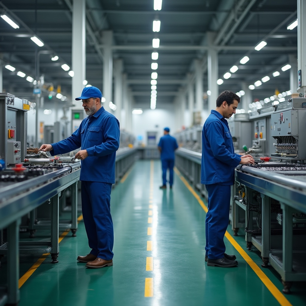 Pracovníci vo výrobnej hale pri stroji